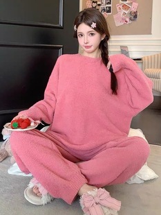 家居服ins韩国甜美粉色珊瑚绒睡衣套装 半边绒加厚女装 新款 秋冬季