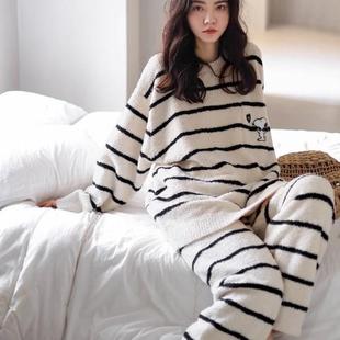 冬季 史努比条纹珊瑚绒睡衣女保暖休闲甜美可外穿半边绒家居服套装