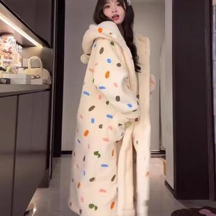 加厚珊瑚绒睡衣女冬季款韩版长款毛绒连帽睡袍加绒保暖浴袍家居服