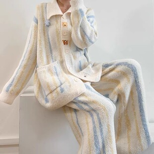 珊瑚绒可爱小熊睡衣女冬季韩版保暖加绒加厚可外出家居服两件套装