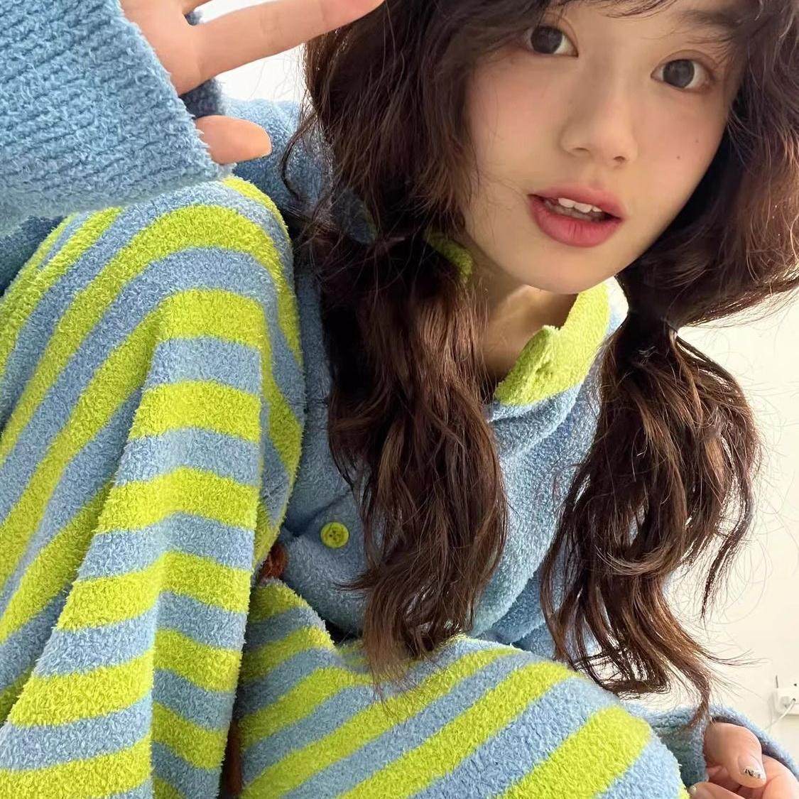 睡衣女秋冬季半边绒加厚保暖