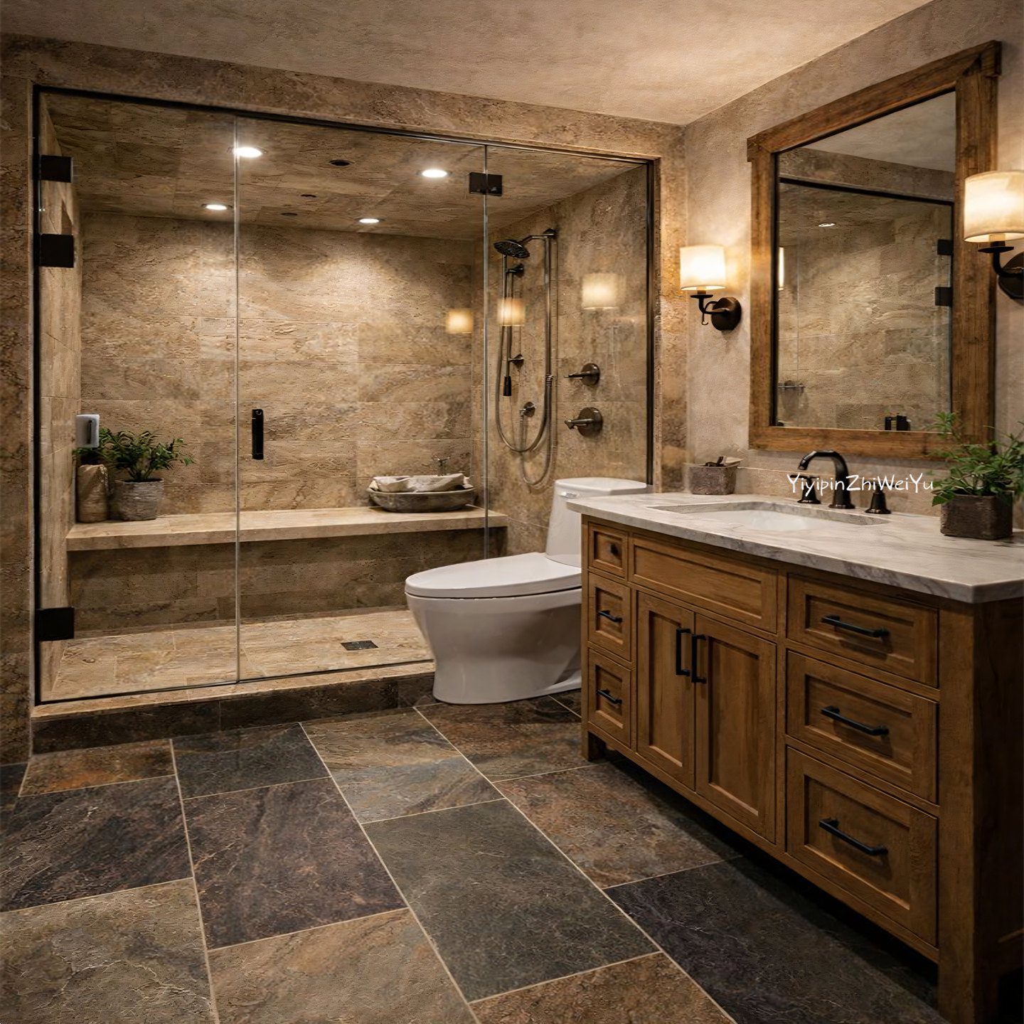 现代美式实木浴室柜组合岩板台面定制卫生间洗浴柜落地式洗漱台柜