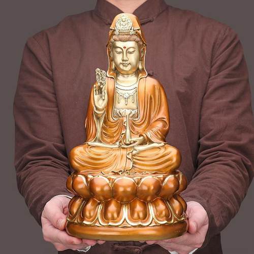 纯铜坐莲观音菩萨佛像摆件南海观世音家用客厅装饰供奉送子保平安