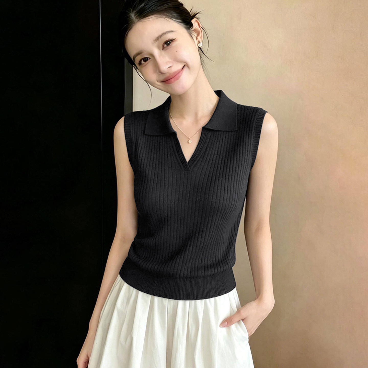 竖坑条针织背心女外穿可内搭打底2026夏季新款polo翻领无袖上衣女图片