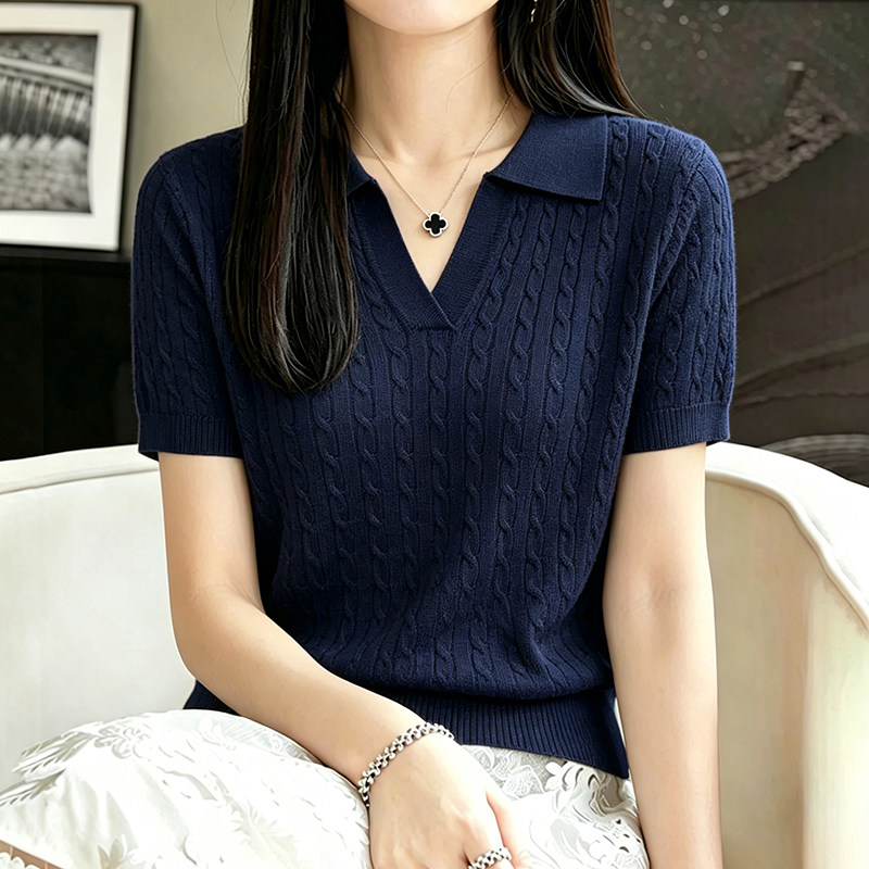 莱赛尔麻花针织短袖t恤女款2026新款爆款时尚老钱风polo领上衣女