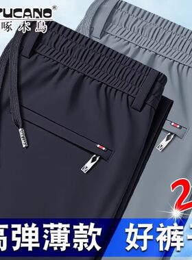 啄木鸟高档夏季冰丝裤免烫速干透气高弹力休闲裤垂顺直筒薄款男裤