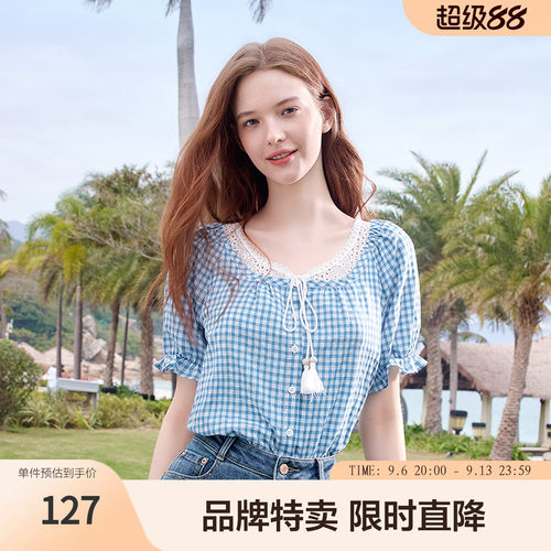 Betu百图夏季新款甜美蕾丝格纹衬衫宽松女生泡泡袖舒适透气
