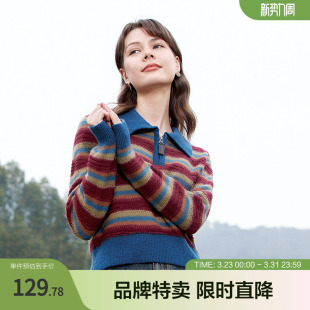 学院风撞色翻领套头衫 betu百图复古间色条纹针织衫 年春新款