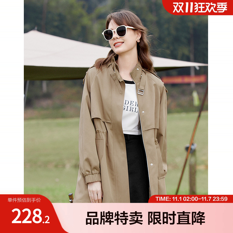 betu百图经典卡其色风衣春立领抽绳收腰中长款风衣外套