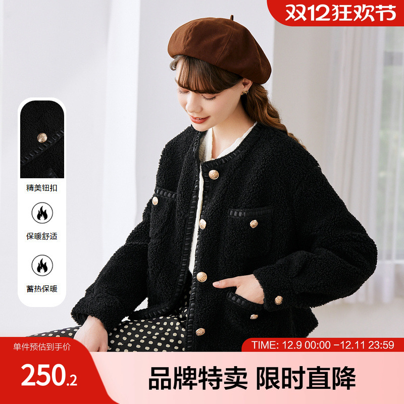 betu百图短款毛呢外套女仿羊羔绒小个子设计感棉衣冬季新款