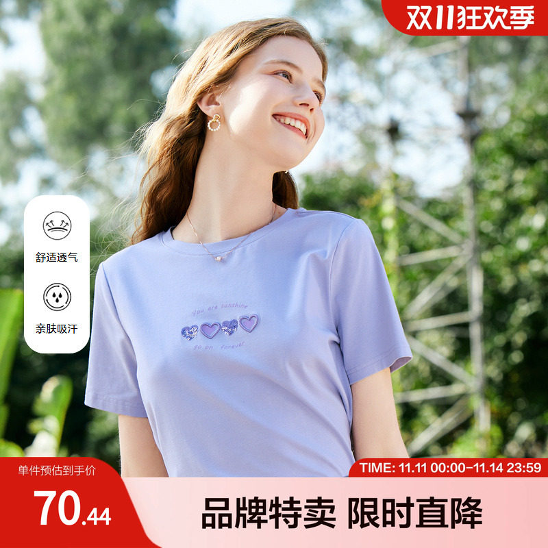 百图女装减龄短袖T恤圆领立体印花短款设计感上衣年夏季新款