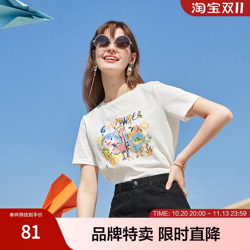 百图涂鸦短袖T恤女潮ins短款百搭宽松圆领夏季新款上衣