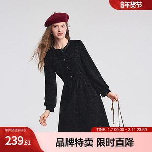 betu百图赫本风闪闪圣诞小黑裙冬长袖连衣裙领口钉珠织带点缀