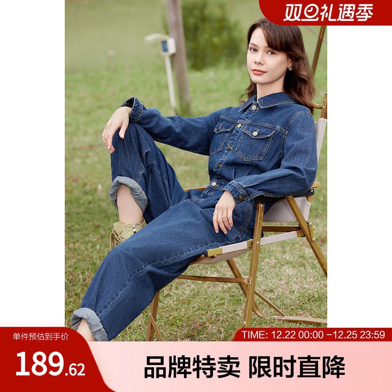 betu百图工装牛仔连体裤春新款酷帅工装长袖阔腿牛仔连体裤女