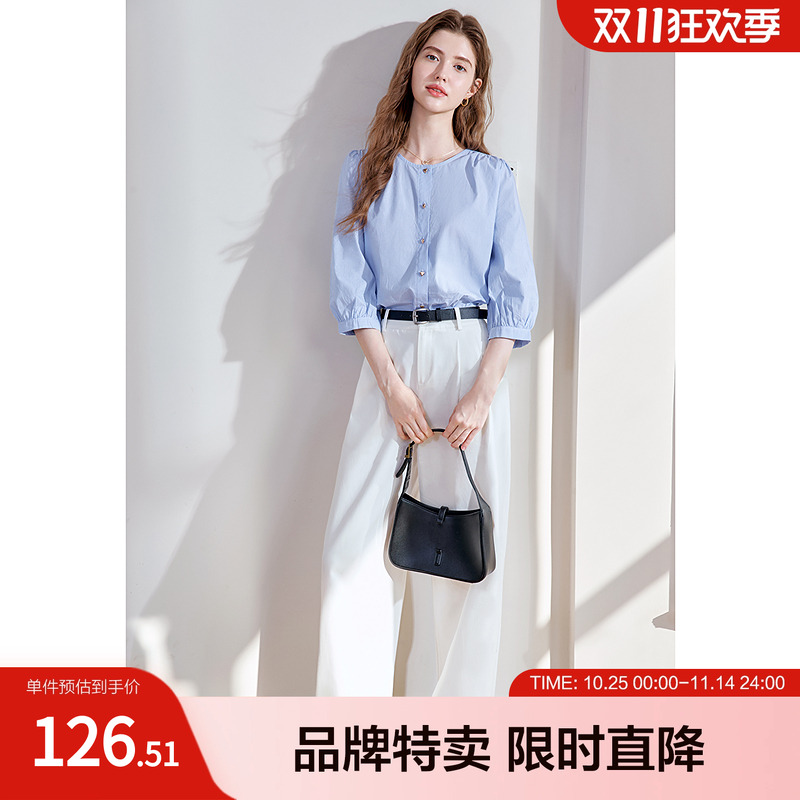 百图100%棉细条纹七分袖衬衫心形纽扣圆领百搭法式女式衬衫
