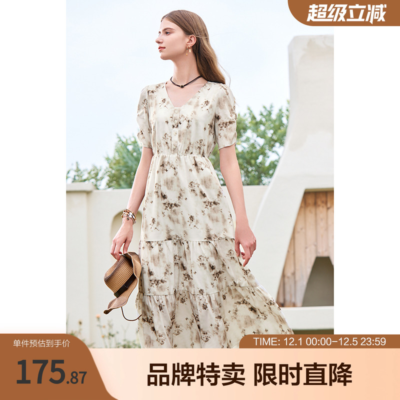 betu百图废土风连衣裙夏款时尚印染抽褶袖显瘦V领中长款连衣裙