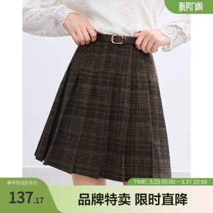 betu百图百褶毛呢裙学院复古撞色格子半身裙减龄百褶裙