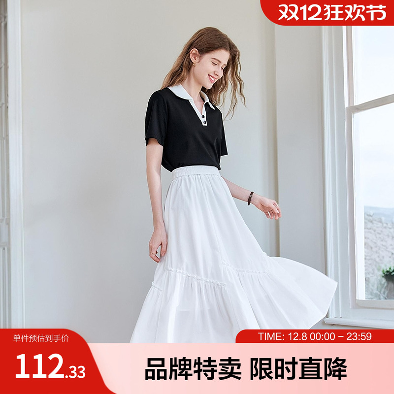 2025百图撞色翻领T恤减龄撞色时尚百搭短袖女式T恤