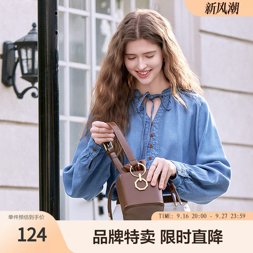 百图柔软垂顺牛仔衬衫复古抗皱镂空系带领亚麻衬衫女