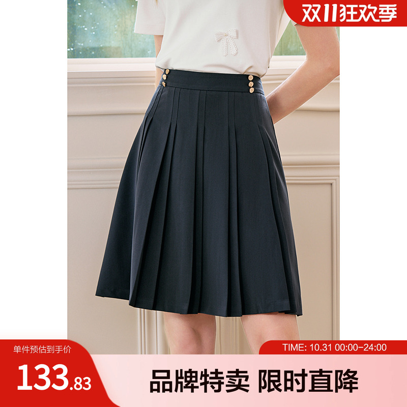 betu百图高腰显瘦百褶裙夏新款腰头金属扣装饰A字裙短裙