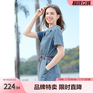 百图betu新款V领短袖牛仔裙后开叉薄款短袖中长款牛仔连衣裙
