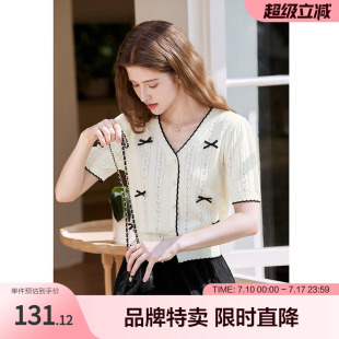 百图拼色提花短袖衫立体蝴蝶结V领针织衫女上衣
