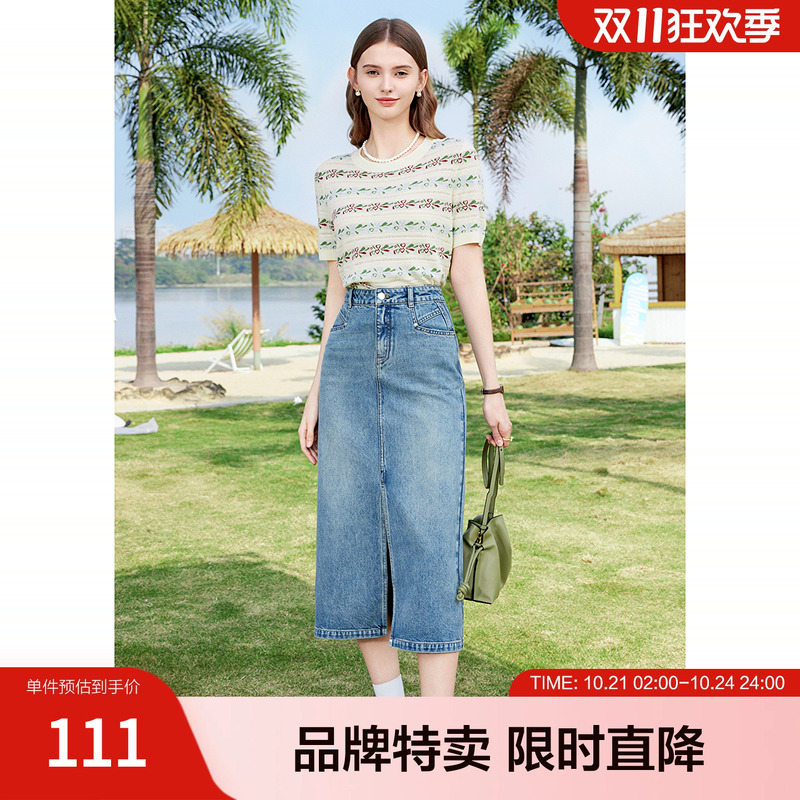betu百图镂空提花针织衫夏套头圆领短袖撞色针织衫上衣女