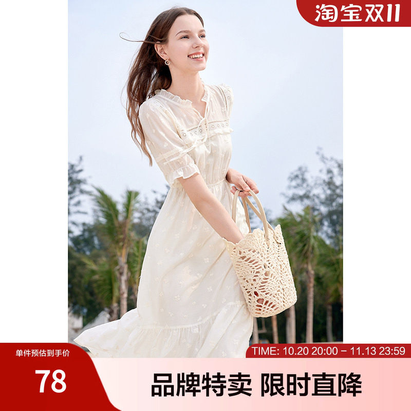 betu百图纯色仙女裙夏荷叶边系带领甜美精致刺绣中长款连衣裙