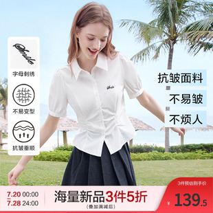 极简白色 betu百图学院风翻领衬衫 短袖 夏季 显瘦收腰设计感短款
