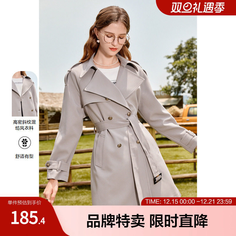 betu百图秋季新款经典西装领小个子中长款风衣外套