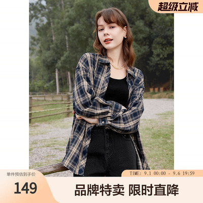 betu百图格纹衬衫春新款时髦翻领不易皱面料宽松复古开衫衬衫女