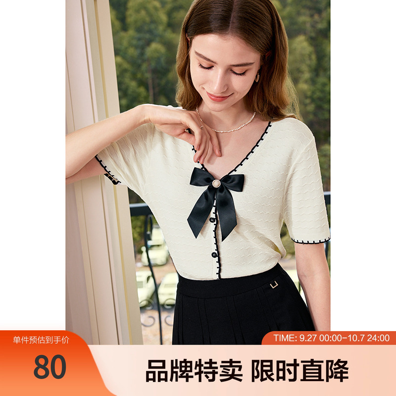 betu百图蝴蝶结衬衫夏款撞色甜美可拆卸蝴蝶结V领女式衬衫