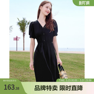 裙子 显瘦V领连衣裙弹力橡筋收腰高腰裙中长款 Betu百图夏季 新款