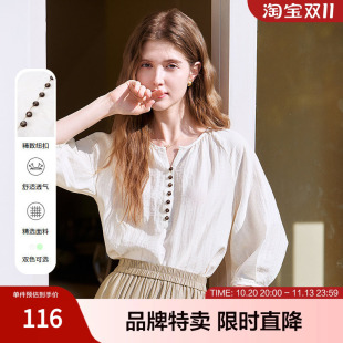 百图betu新款文艺范亚麻衬衫圆领V衩设计七分袖女式衬衫