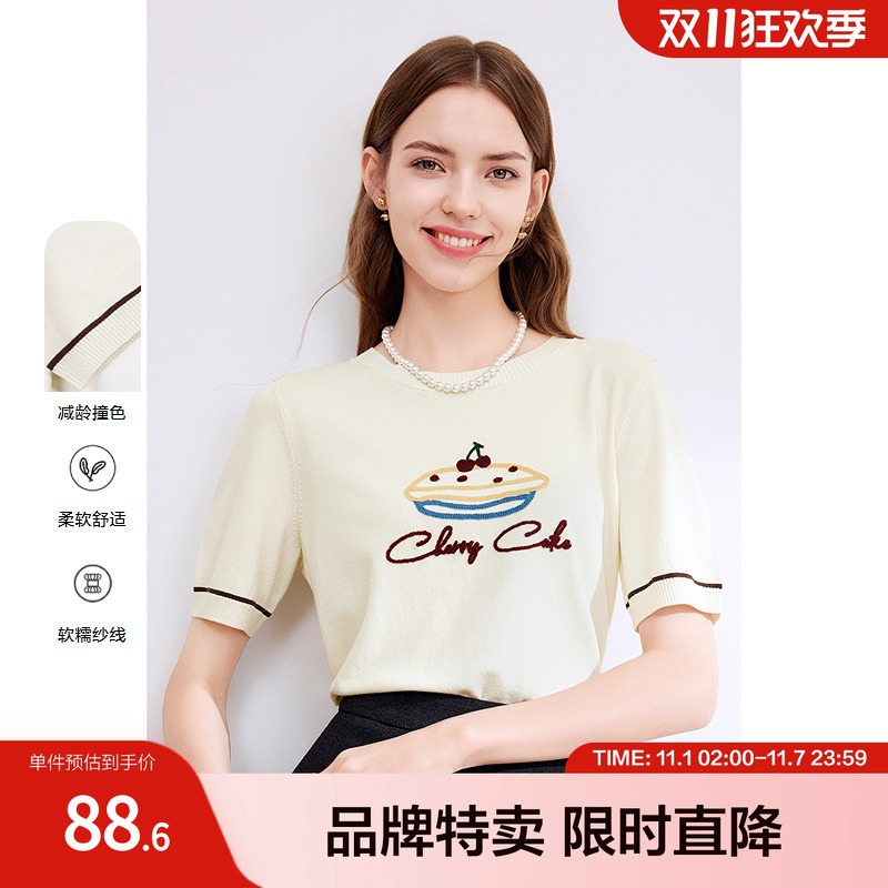 betu百图套头针织衫春夏减龄时髦文艺图案圆领针织衫女