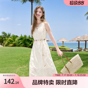 betu百图法式复古风夏季V领无袖连衣裙设计感高腰显瘦长款