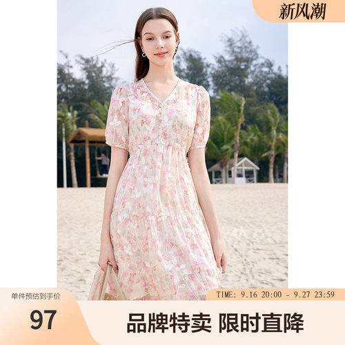 betu百图轻盈雪纺裙夏轻盈印花雪纺裙子高腰抽绳中长款连衣裙