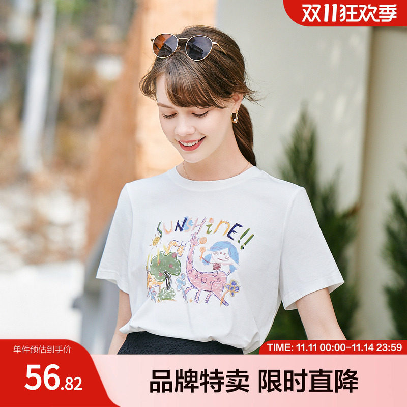 百图t恤女趣味涂鸦卡通印花宽松艺术感短袖上衣夏季新款