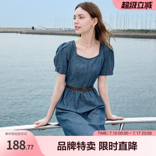 betu百图法式慵懒环保丹宁方领连衣裙夏装复古显瘦牛仔裙