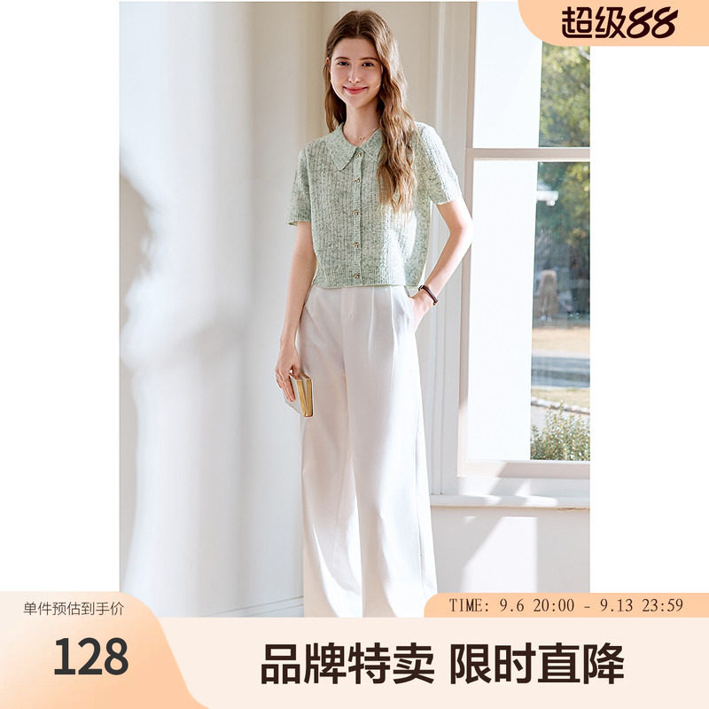 百图混彩纱线镂空针织衫别致纽扣短袖毛衫女两色可选图片