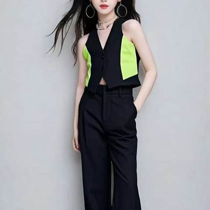 儿童模特形体走秀潮服女童酷潮服高端车模T台服装黑色套装演出服