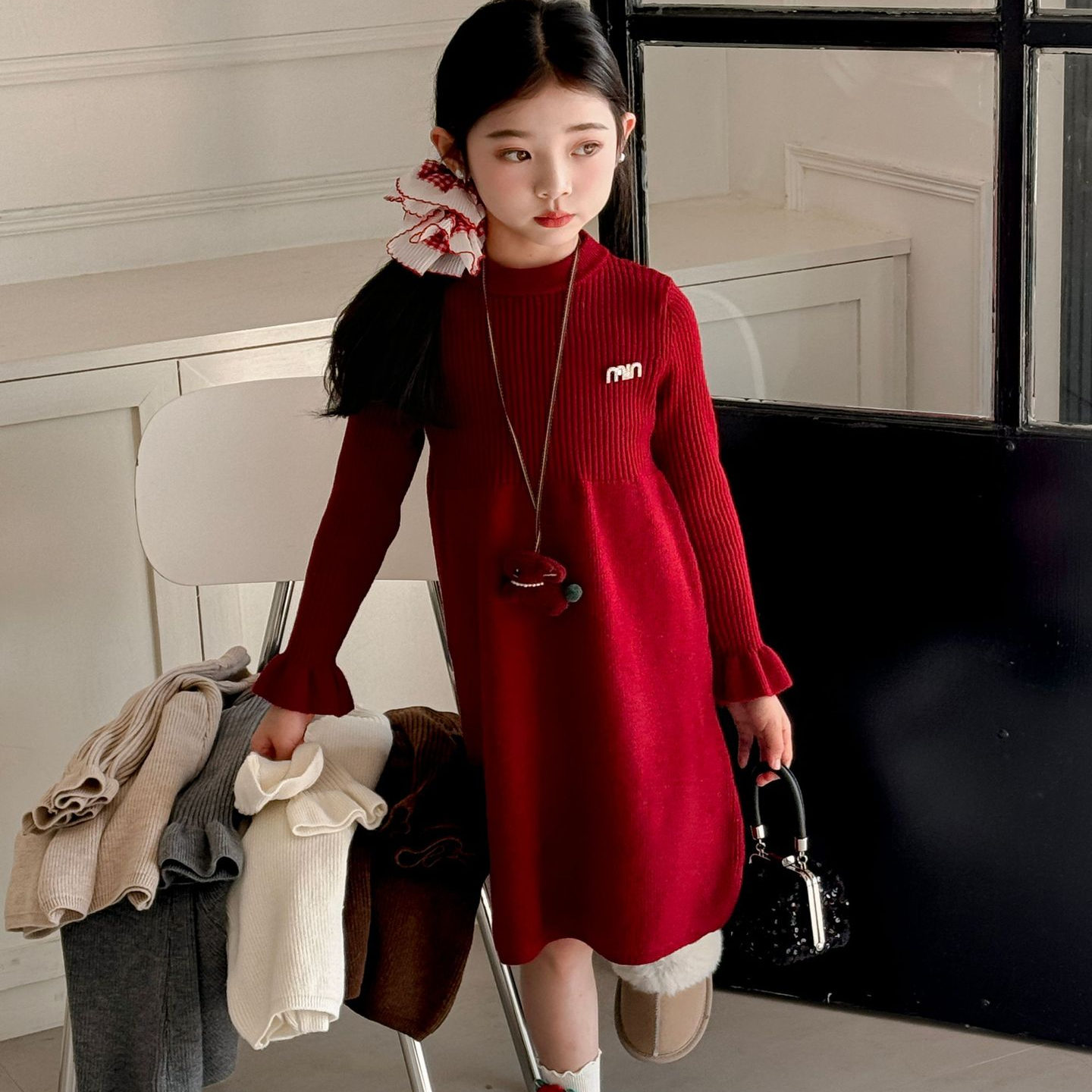 女童中长款毛衣裙秋冬款韩版儿童仿皮草马甲女宝宝红色针织连衣裙