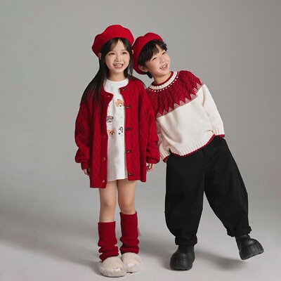 男童女童毛衣秋冬款儿童针织毛线衣圣诞新年炸街潮红色兄妹姐弟装