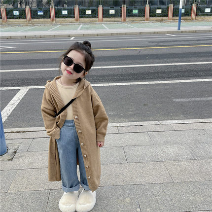 韩国童装女童中长款针织外套秋冬款儿童连帽毛线衣女宝宝时尚开衫