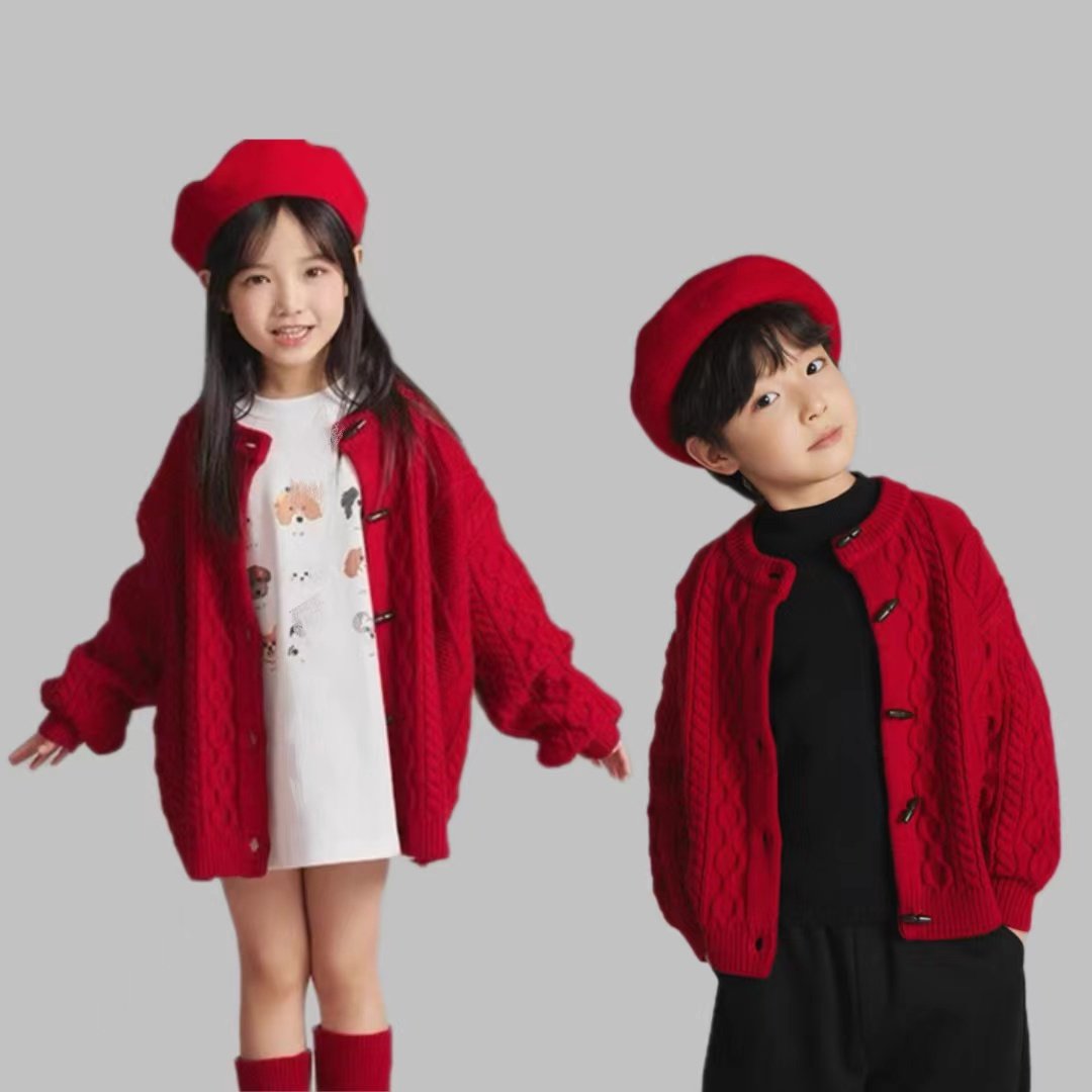 男童女童红色毛衣秋冬装儿童加厚针织外套宝宝新年兄妹姐弟装年服