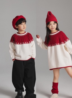 男女童毛衣2025秋冬装韩版儿童中长款红色针织衫兄妹姐弟装毛线衣