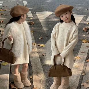 女童中长款毛衣裙秋冬款儿童加厚毛线衣女宝宝外穿内搭针织连衣裙