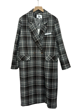 3n2024秋冬新款英伦时尚气质格子双排扣长款毛呢外套女品牌折扣