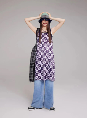 文系紫色格子无感印花吊带薄而透气潮流丝滑连衣裙品牌撤柜