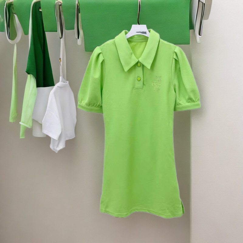 文mo微瑕新品甜辣风polo领绿色连衣裙女夏小个子收腰显瘦包臀小众